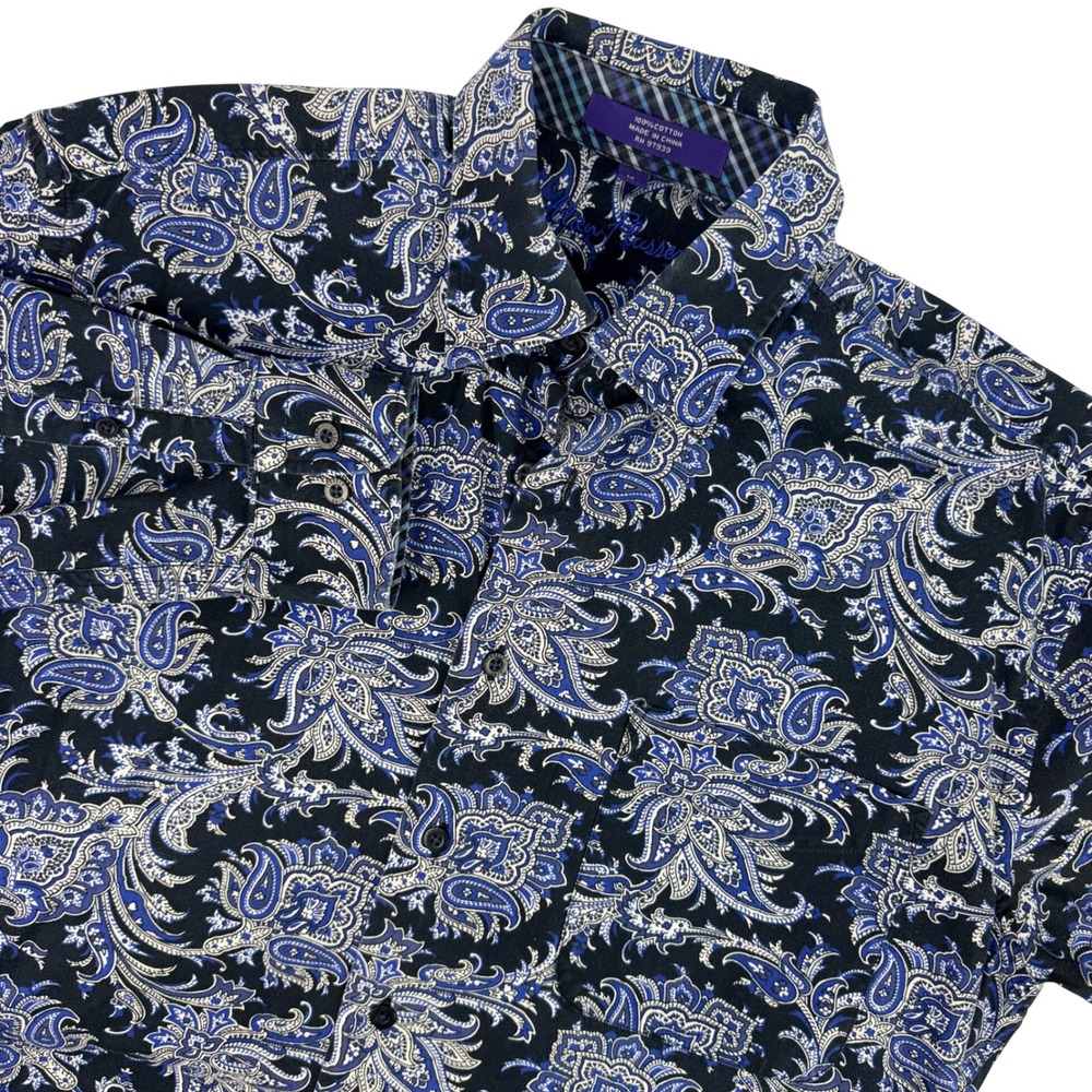 Alan Flusser Mens Medium Button Up Shirt Paisley Blue Black Long Sleeve Cotton